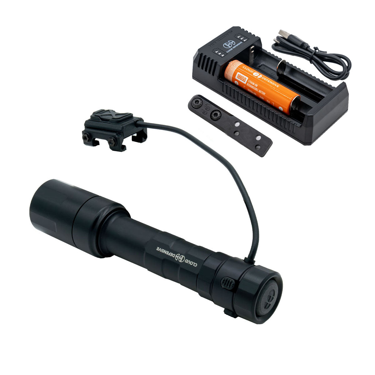 black Rein flashlight with included mount, switch, charger and charging cable.