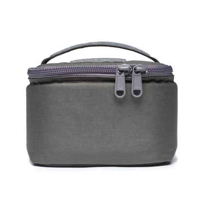 Front, level view of urban gray transport bag zipped.