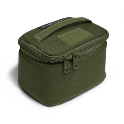 Front view of olive green transport bag zipped.