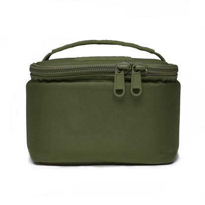 Front, level view of olive green transport bag