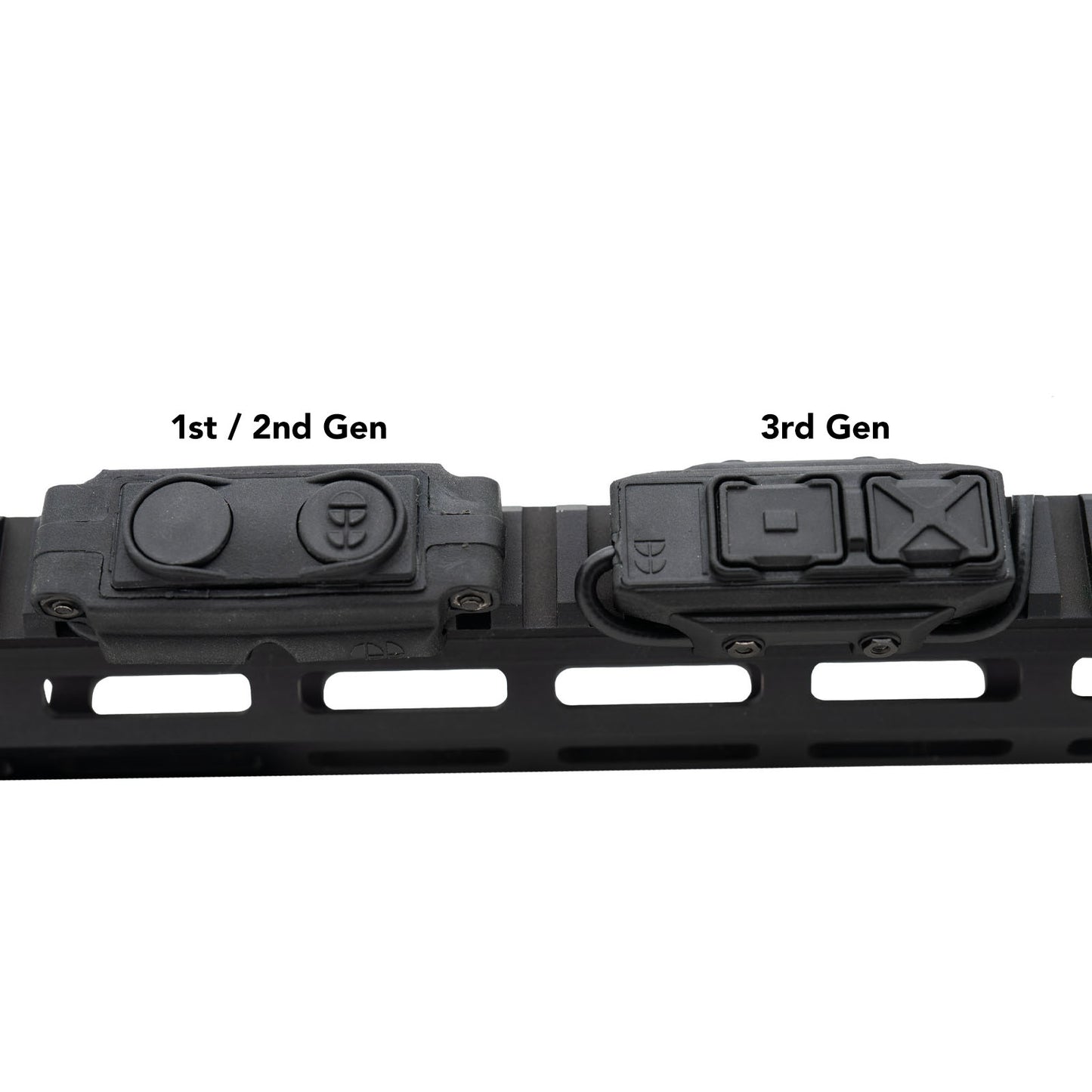 Overhead comparison view of new 3rd gen Rein dual button switch to the older gen 1/2 switch mounted on a rail