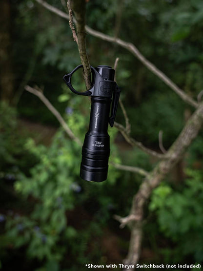 Black MCH Duty flashlight hanging from a tree by tailcap clip.