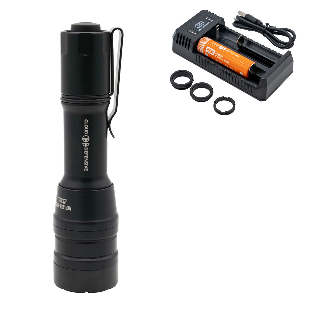 black MCH Duty flashlight with included charger, battery, charging cable, and 3 negligent discharge rings.