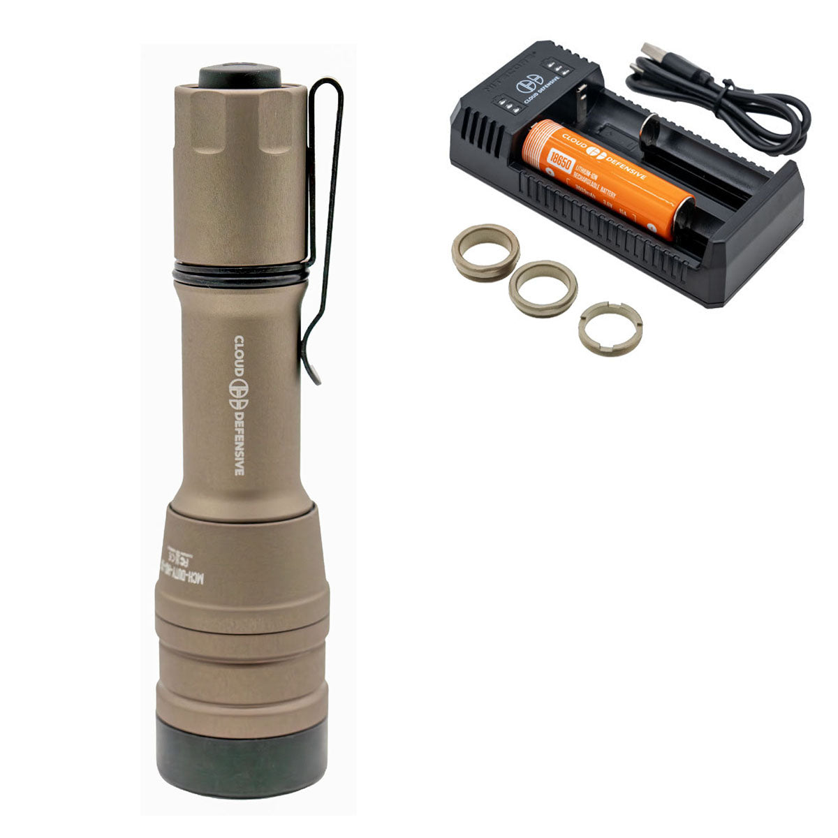 FDE MCH Duty flashlight with included charger, battery, charging cable, and 3 negligent discharge protection rings.