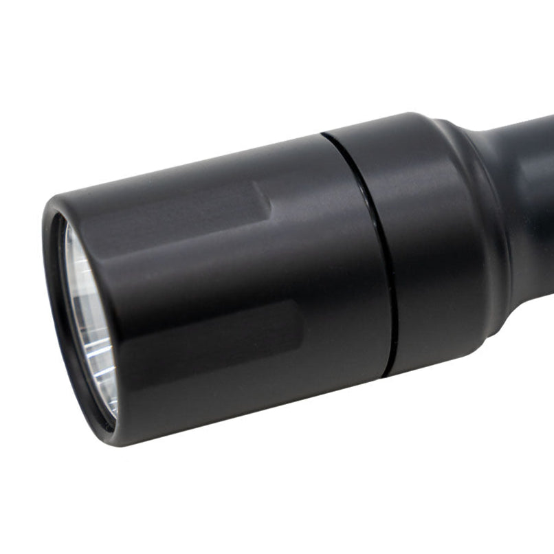 Close up of flashlight head in black color