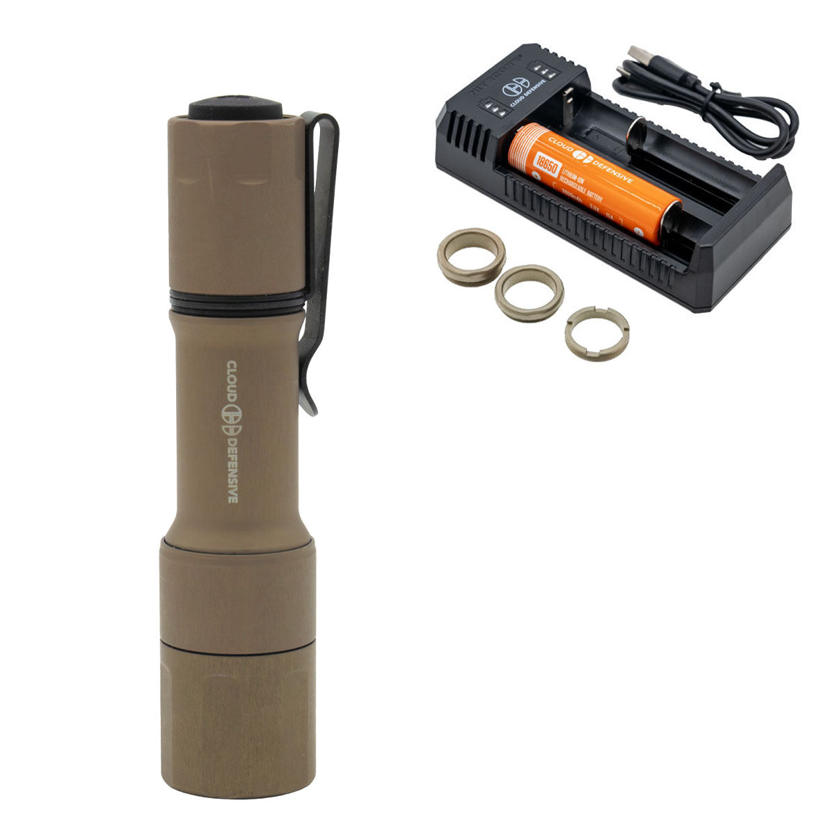 FDE MCH flashlight with included charger, battery, charging cable and 3 negligent discharge protection rings.