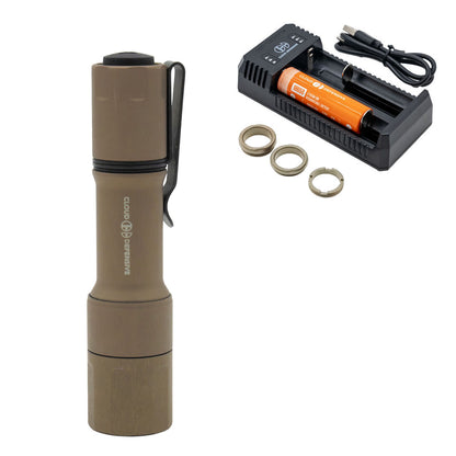 FDE MCH flashlight with included charger, battery, charging cable and 3 negligent discharge protection rings.