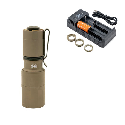 FDE MCH Micro flashlight with included charger, battery, charging cable and 3 negligent discharge protection rings.