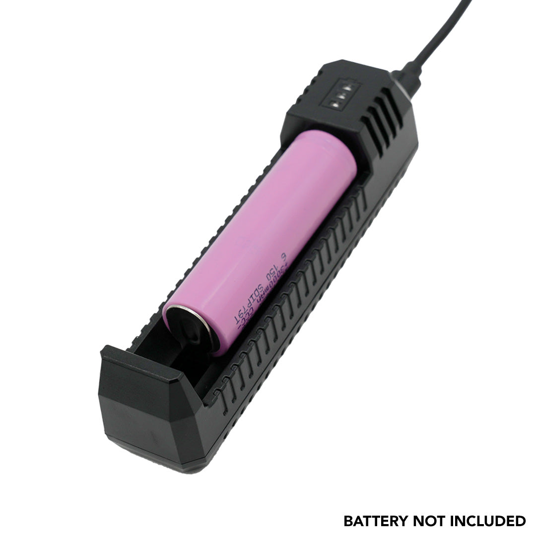 Nitecore brand UI1 battery charger with pink 18650 battery and charging cable.