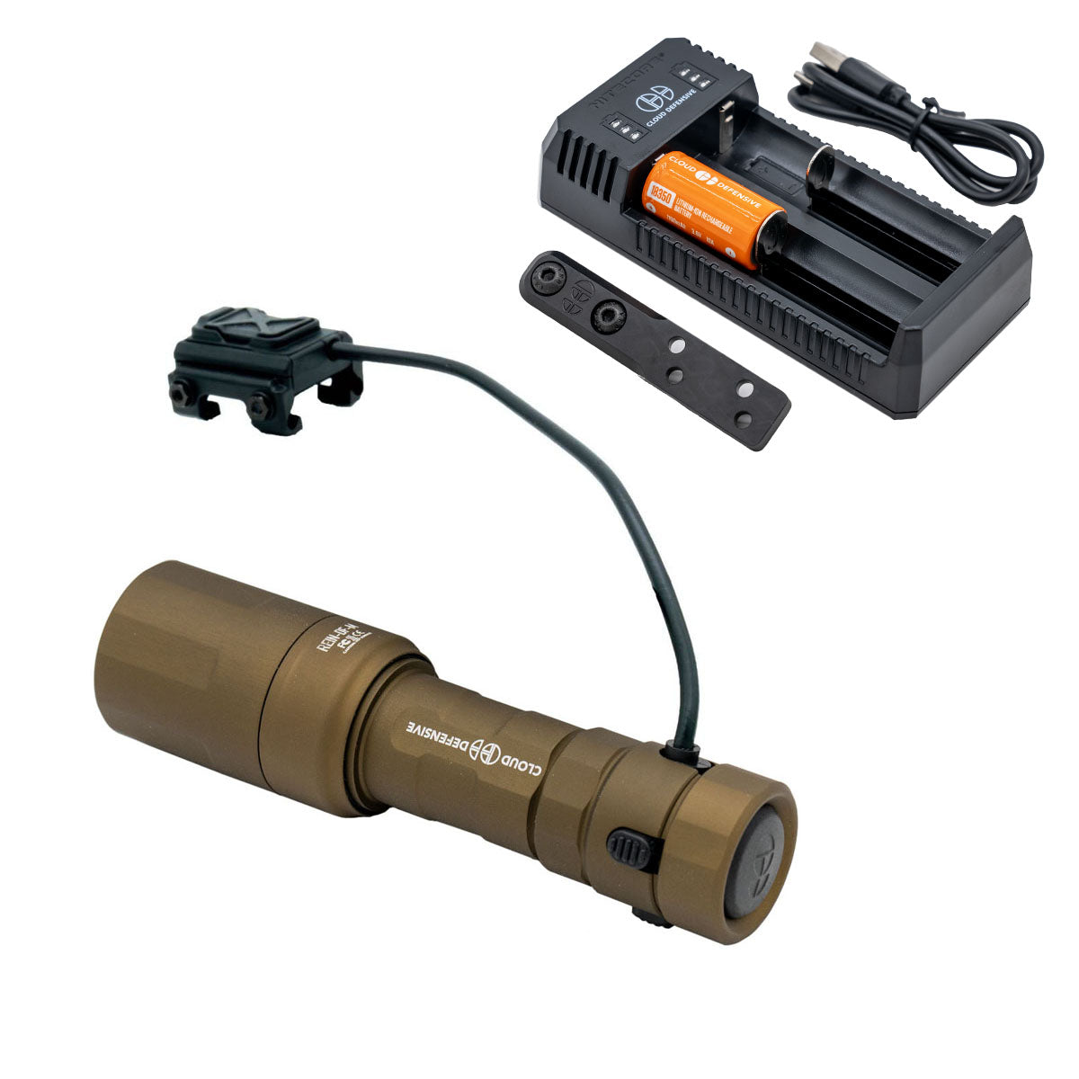 FDE Rein Micro flashlight with included mount, switch, charger and charging cable.